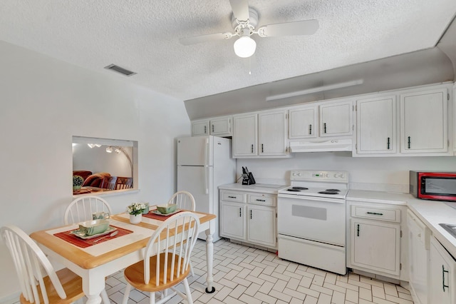 233 Down E Ln, Lake Worth, FL 33467 - kitchen with white appliances, under cabinet range hood, ceiling fan, light countertops, and a textured ceiling