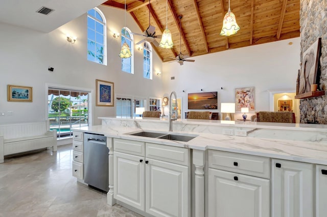 kitchen featuring visible vents, a ceiling fan, dishwasher, wood ceiling, and a sink