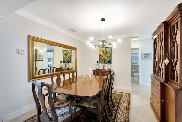 dining space featuring a notable chandelier, crown molding, visible vents, and baseboards