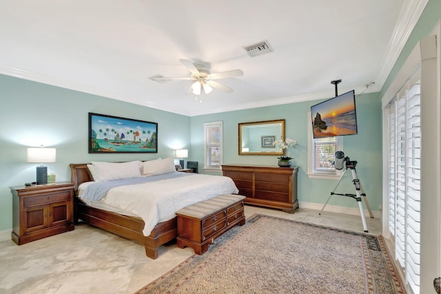 bedroom featuring visible vents, crown molding, baseboards, and ceiling fan