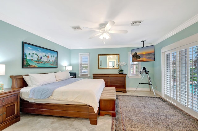 bedroom featuring baseboards, visible vents, a ceiling fan, and ornamental molding