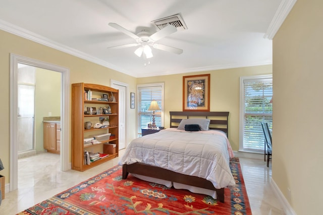 bedroom featuring visible vents, ornamental molding, connected bathroom, ceiling fan, and baseboards