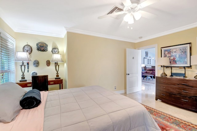 bedroom with crown molding, baseboards, and ceiling fan