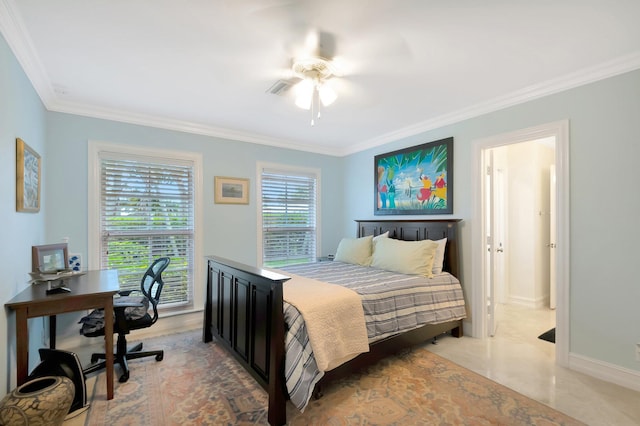 bedroom with ornamental molding, visible vents, ceiling fan, and baseboards