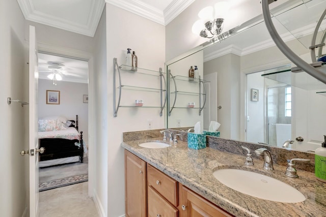 ensuite bathroom featuring double vanity, ensuite bath, ornamental molding, and a sink