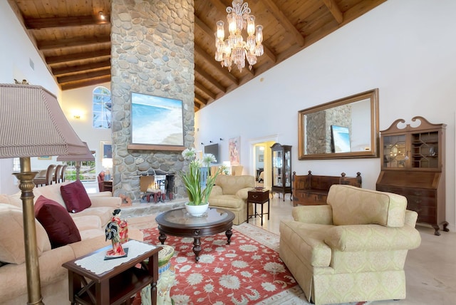 living area featuring high vaulted ceiling, beamed ceiling, wooden ceiling, and an inviting chandelier