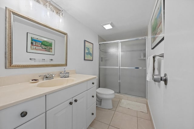 bathroom featuring vanity, tile patterned flooring, a shower stall, and toilet