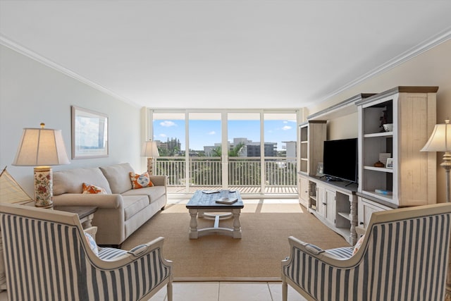 living area featuring light tile patterned floors, floor to ceiling windows, and crown molding