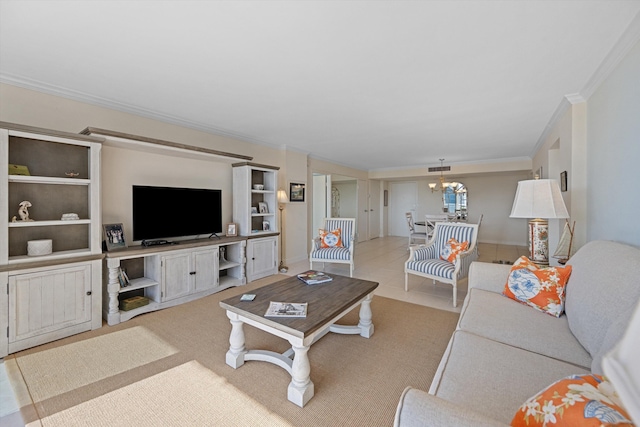 tiled living area featuring a chandelier and crown molding