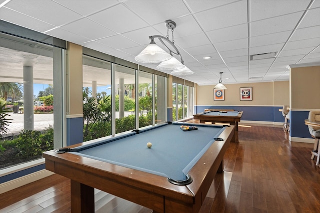 game room featuring a paneled ceiling, hardwood / wood-style flooring, billiards, and baseboards