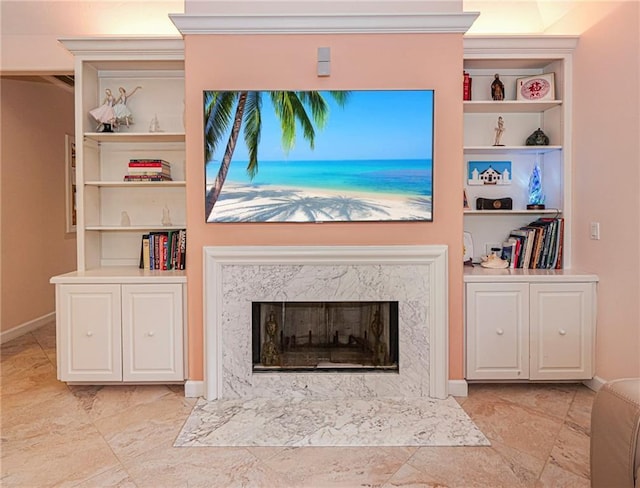 living area featuring a premium fireplace and baseboards