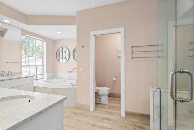 full bath with toilet, a sink, two vanities, a bath, and a stall shower