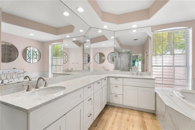 bathroom featuring a bathtub, a shower, a sink, and wood finished floors