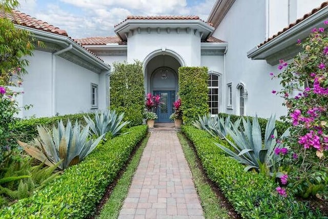 view of exterior entry featuring a tiled roof and stucco siding