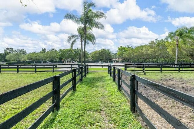 exterior space with an enclosed area, a rural view, and fence