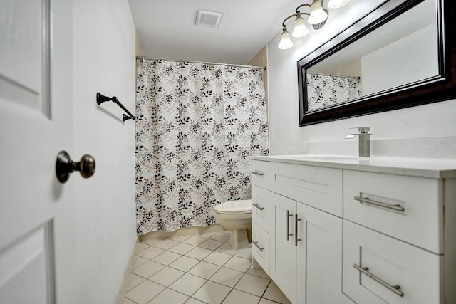 full bathroom with visible vents, a shower with shower curtain, toilet, vanity, and tile patterned floors