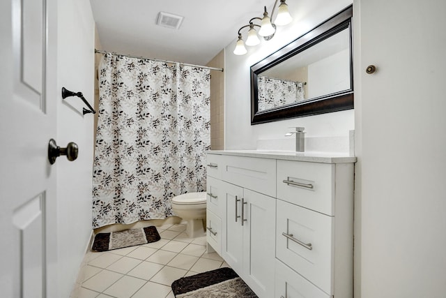 bathroom featuring visible vents, a shower with shower curtain, toilet, vanity, and tile patterned floors