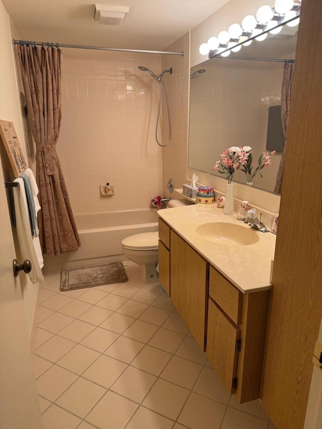 bathroom with toilet, shower / bathtub combination with curtain, vanity, and tile patterned floors