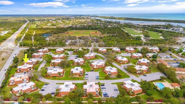 drone / aerial view featuring a water view