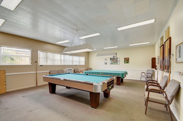 rec room with carpet floors, billiards, and baseboards