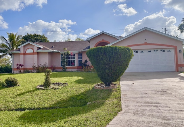 ranch-style house featuring a front yard, concrete driveway, an attached garage, and stucco siding