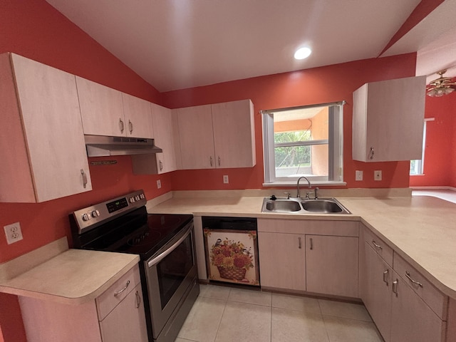 kitchen with under cabinet range hood, electric range, a sink, light countertops, and dishwasher