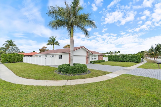 view of property exterior featuring a garage, fence, a yard, decorative driveway, and stucco siding