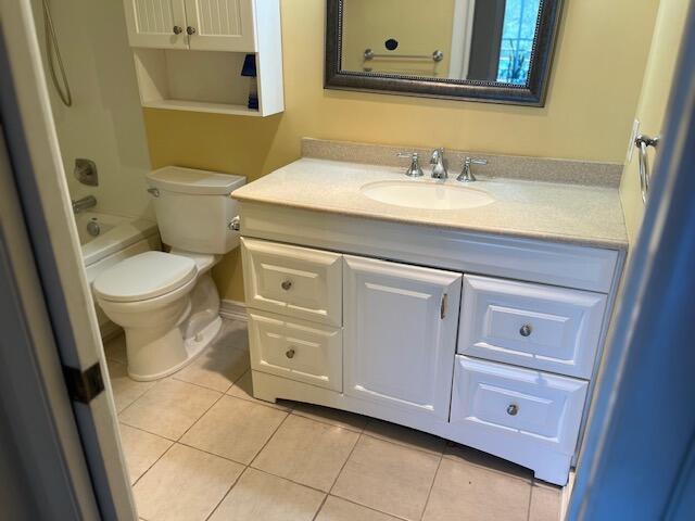 bathroom featuring tile patterned flooring, vanity, toilet, and bathing tub / shower combination