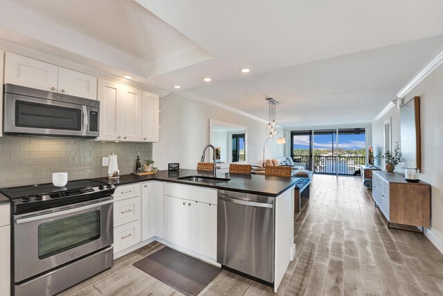 kitchen featuring a raised ceiling, dark countertops, appliances with stainless steel finishes, a sink, and backsplash