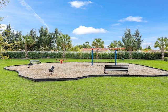 view of community featuring playground community and a lawn