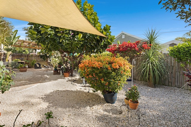 view of yard featuring a patio, fence, and a pergola