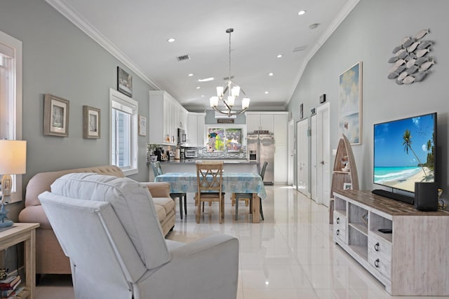 living room featuring crown molding, visible vents, a notable chandelier, and recessed lighting