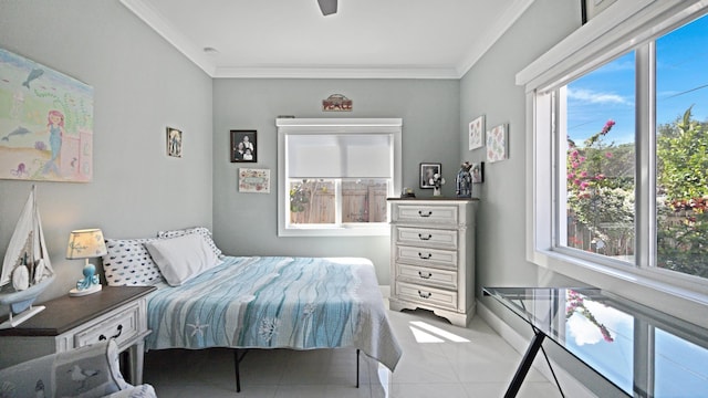 bedroom with multiple windows, tile patterned flooring, and crown molding