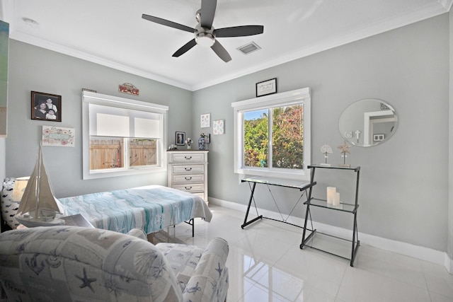 bedroom with light tile patterned floors, visible vents, ornamental molding, and baseboards