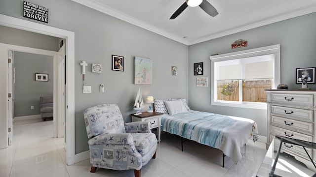 bedroom with crown molding, baseboards, and light tile patterned floors