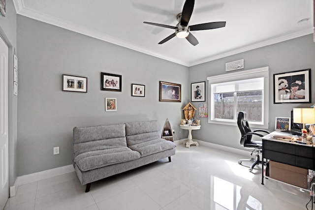 tiled office with a ceiling fan, baseboards, and crown molding