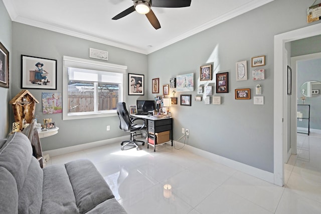 tiled home office with baseboards, ornamental molding, and ceiling fan