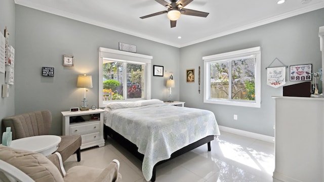 bedroom with light tile patterned floors, multiple windows, baseboards, and crown molding