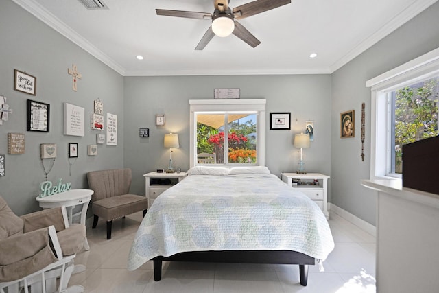 bedroom with light tile patterned floors, ornamental molding, a ceiling fan, and baseboards