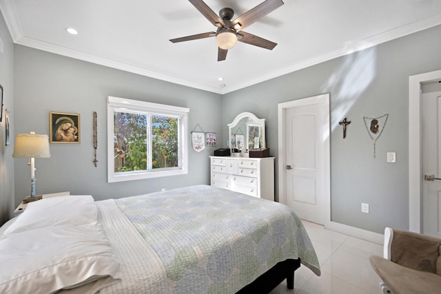 bedroom with crown molding, light tile patterned floors, recessed lighting, ceiling fan, and baseboards