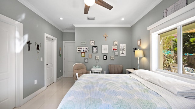 bedroom with light tile patterned floors, recessed lighting, visible vents, baseboards, and crown molding