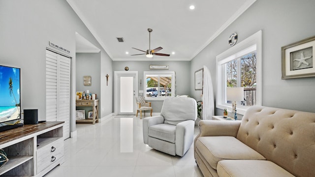 living area featuring light tile patterned floors, visible vents, a ceiling fan, crown molding, and recessed lighting