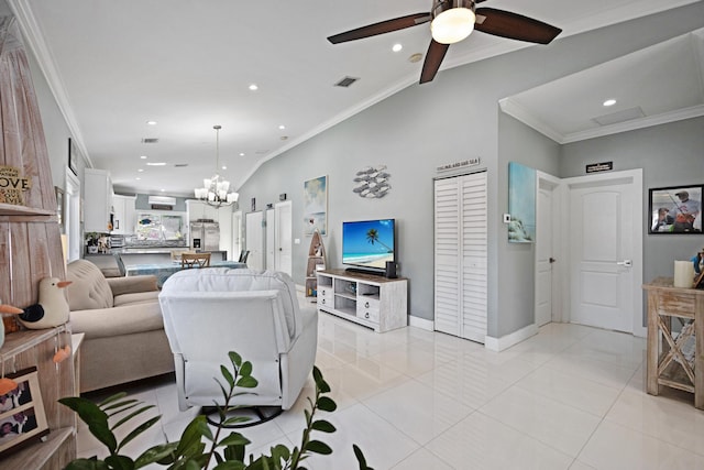 living room with recessed lighting, visible vents, crown molding, and light tile patterned floors