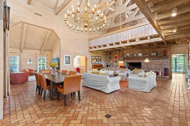 dining space featuring brick floor, visible vents, high vaulted ceiling, wooden ceiling, and beamed ceiling