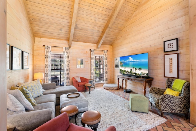 living area featuring brick floor, a healthy amount of sunlight, and wood walls