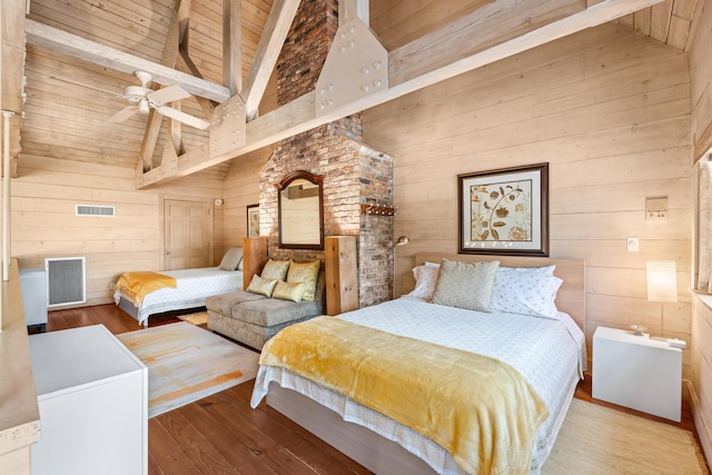 bedroom featuring visible vents, wood walls, wood finished floors, wooden ceiling, and beamed ceiling