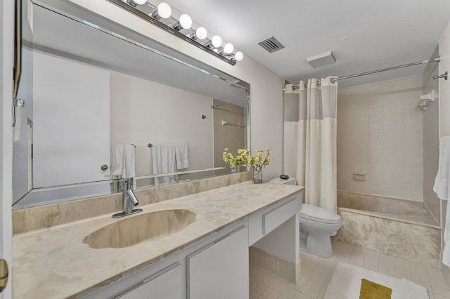 full bathroom featuring visible vents, toilet, tile patterned floors, shower / bath combination with curtain, and vanity