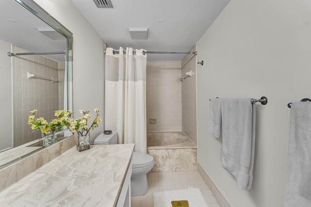 full bathroom with shower / tub combo, visible vents, toilet, tile patterned floors, and vanity