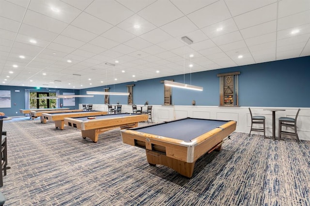 recreation room featuring carpet, billiards, and recessed lighting