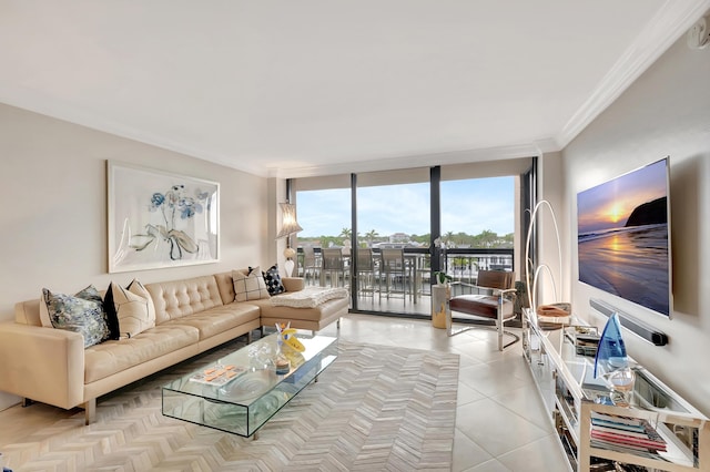 living area with floor to ceiling windows, light tile patterned floors, and ornamental molding